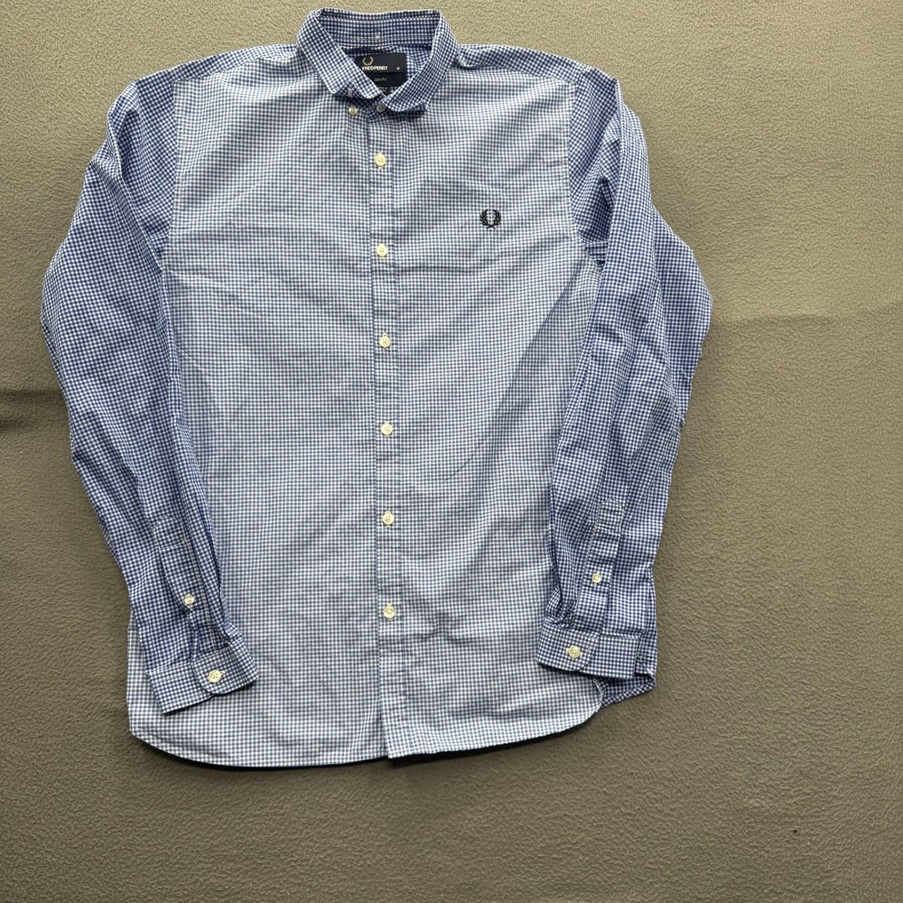 Fred Perry Shirt Mens Medium Blue Check Long Sleeve Button Up Slim Fit Casual